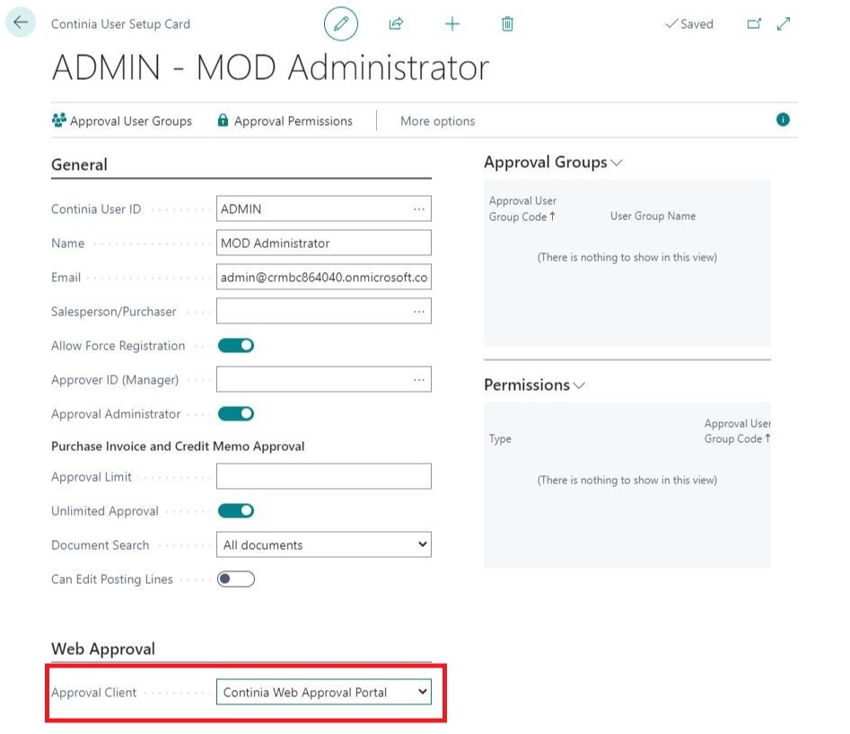 Continia user setup card continia web approval client