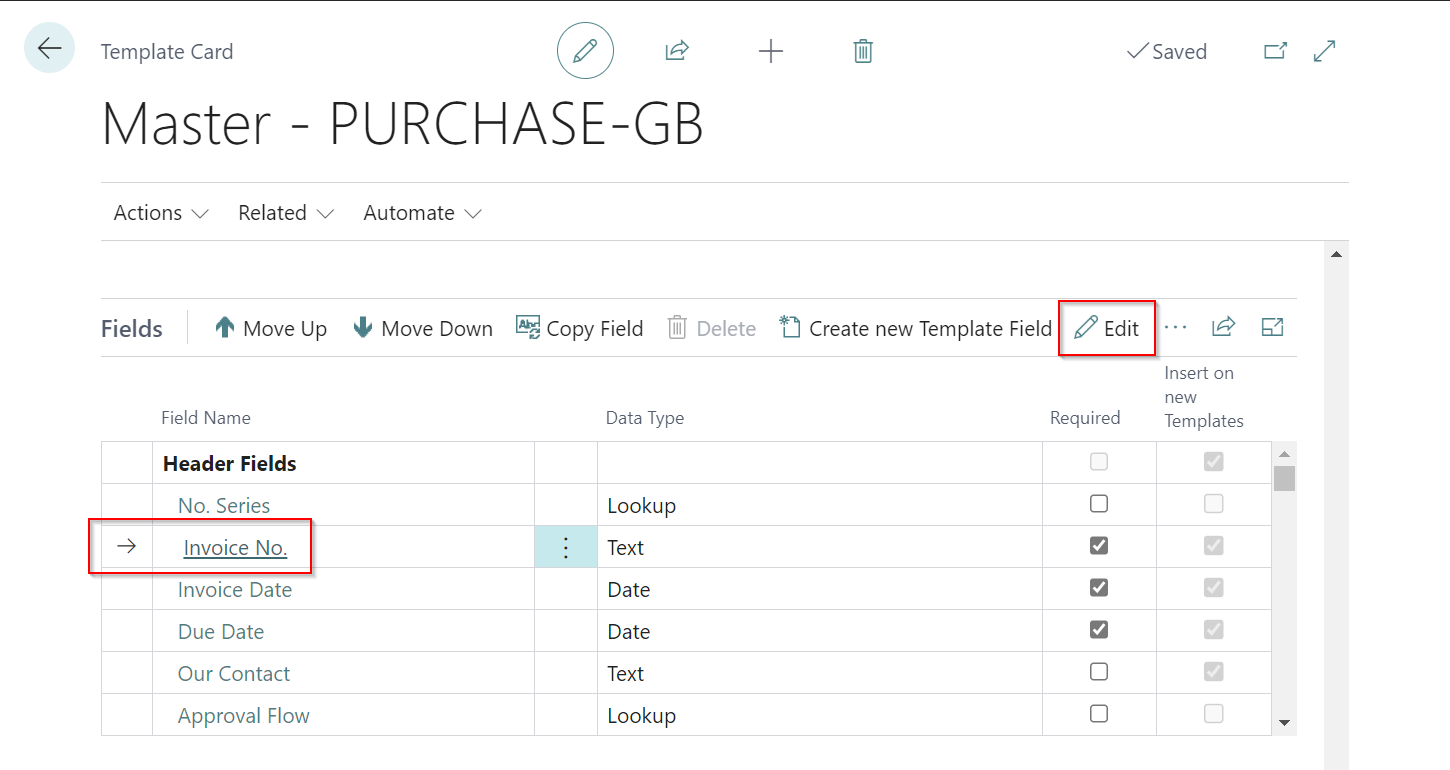 Opening a template field card