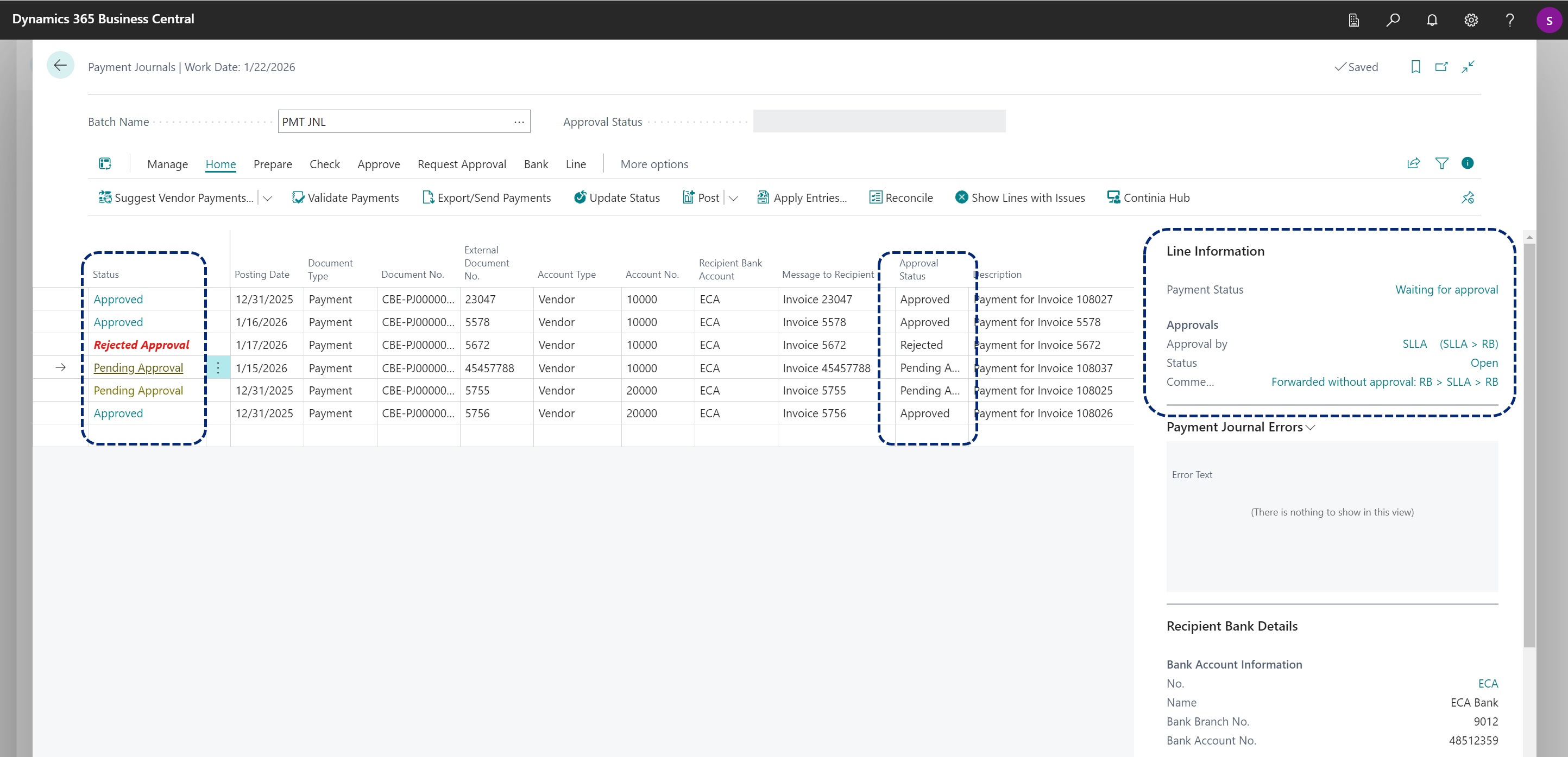 CB payment journal track approval status