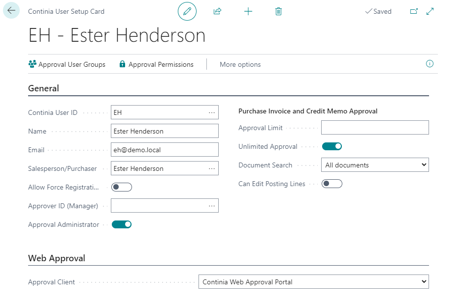 Continia user setup card