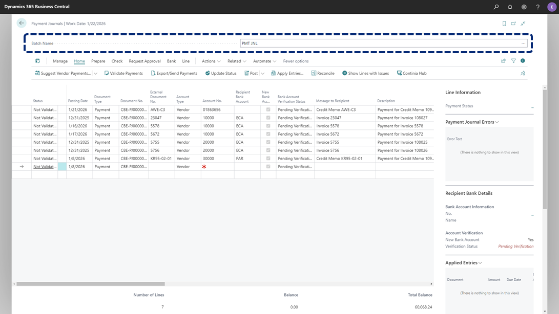 CB Payment Journal page Batch name