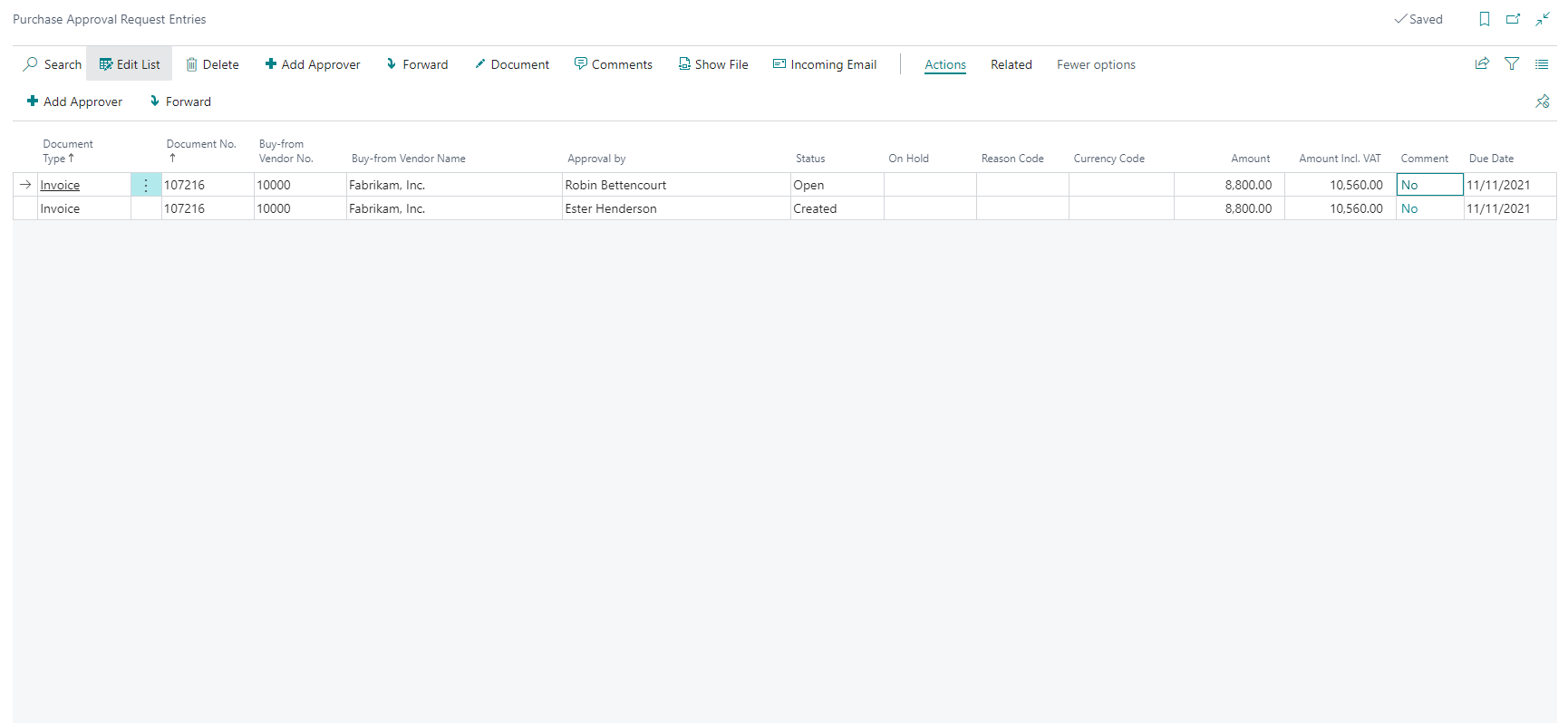 Edit Purchase approval Request Entries