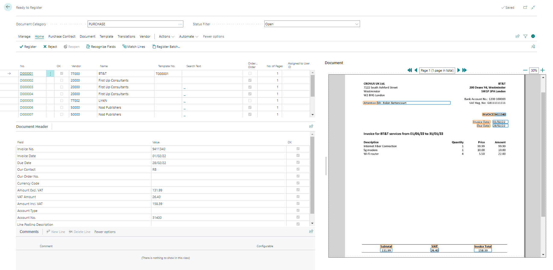 Document journal with account number