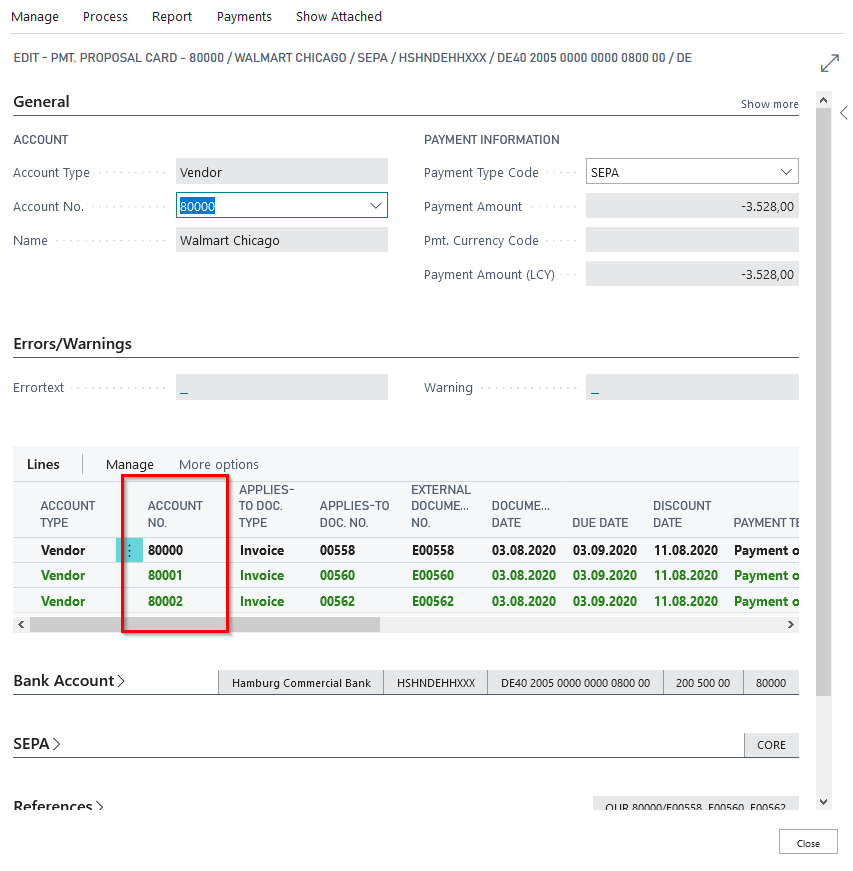 Payment Proposal card Vendor