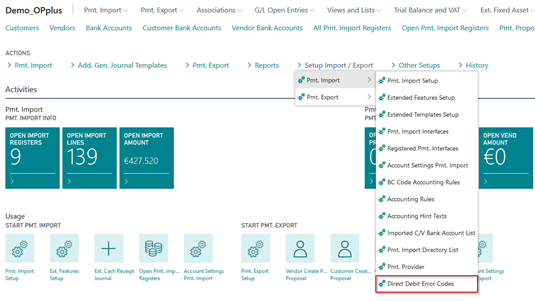 Direct Debit Error Codes menu