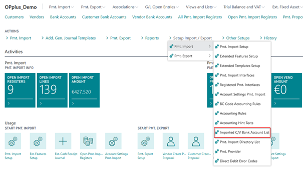 Imported CV Bank Accounts Menu