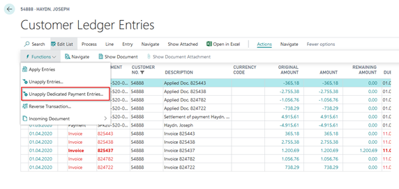 Unapply Dedicated payment Action